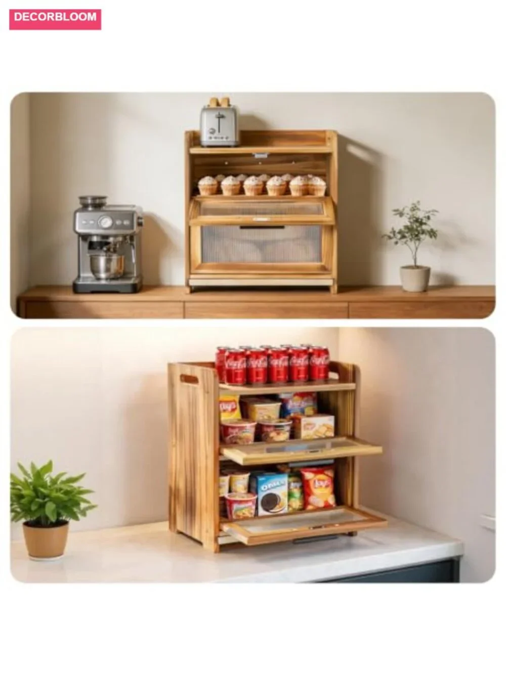 Wooden Bread Box with Cutting Board, Large Pine Kitchen Countertop Storage